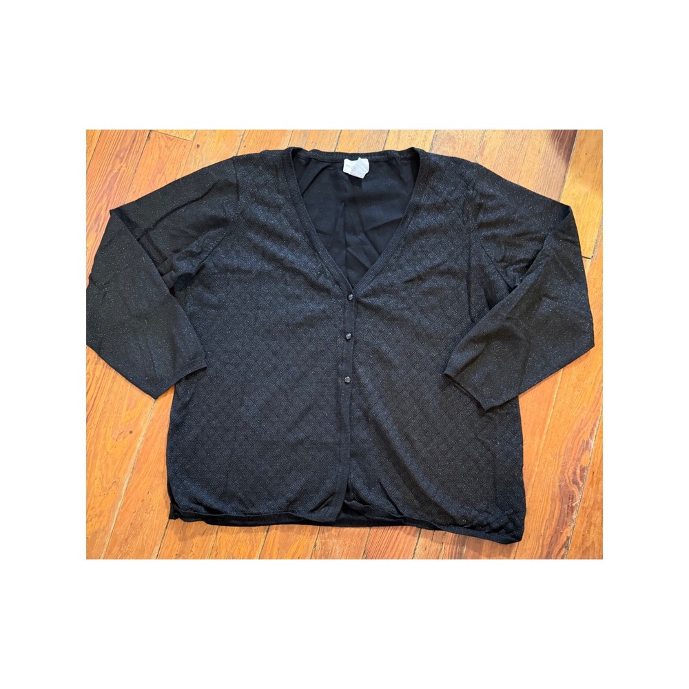 Jaclyn Smith Womens 3X Black Metallic Diamond Knit V-Neck‎ Button Front Cardigan